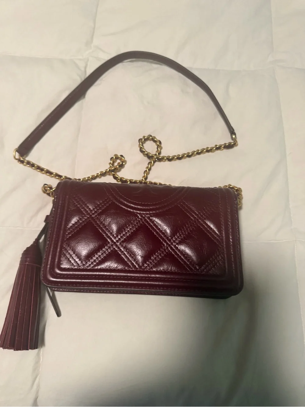 Tory Burch Quilted Leather Crossbody in Burgundy with Gold Chain